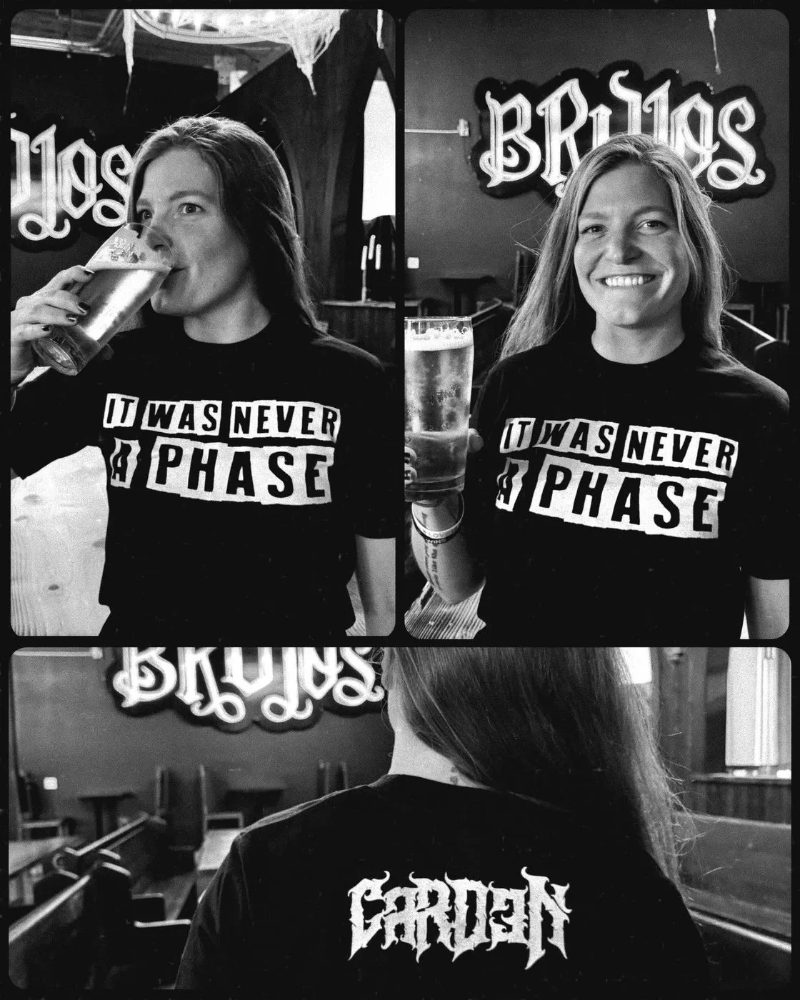 Fans wearing the black It Was Never A Phase tee, with the CARD3N jagged logo printed on the back