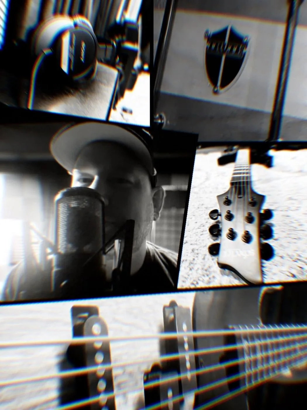Black-and-white studio collage: a singer at a condenser mic in a ball cap, an amp, headphones and a guitar headstock